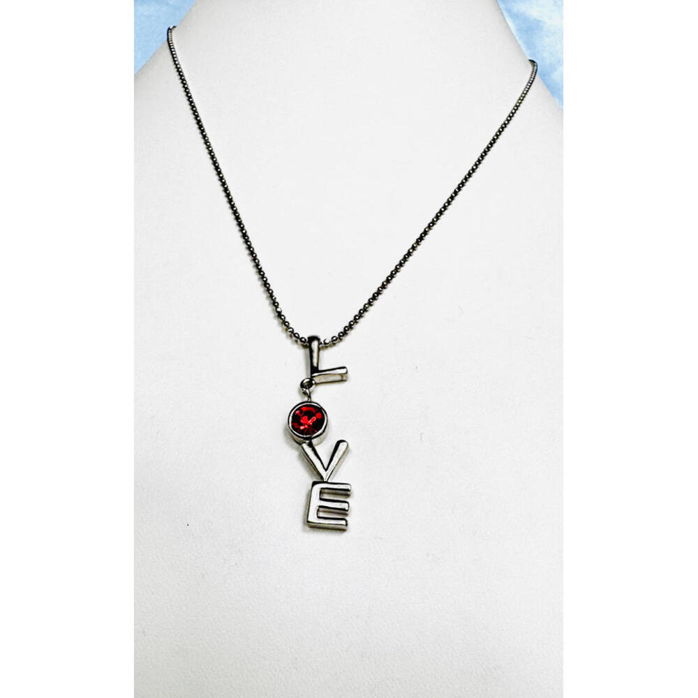 Signed Cookie Lee Silver Tone "LOVE" with  Red "O" Rhinestone Letter Necklace